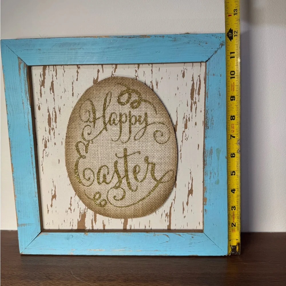 Happy Easter Sign Blue Spring Distressed Wood Wall Hanging Shelf Display 12 inch
